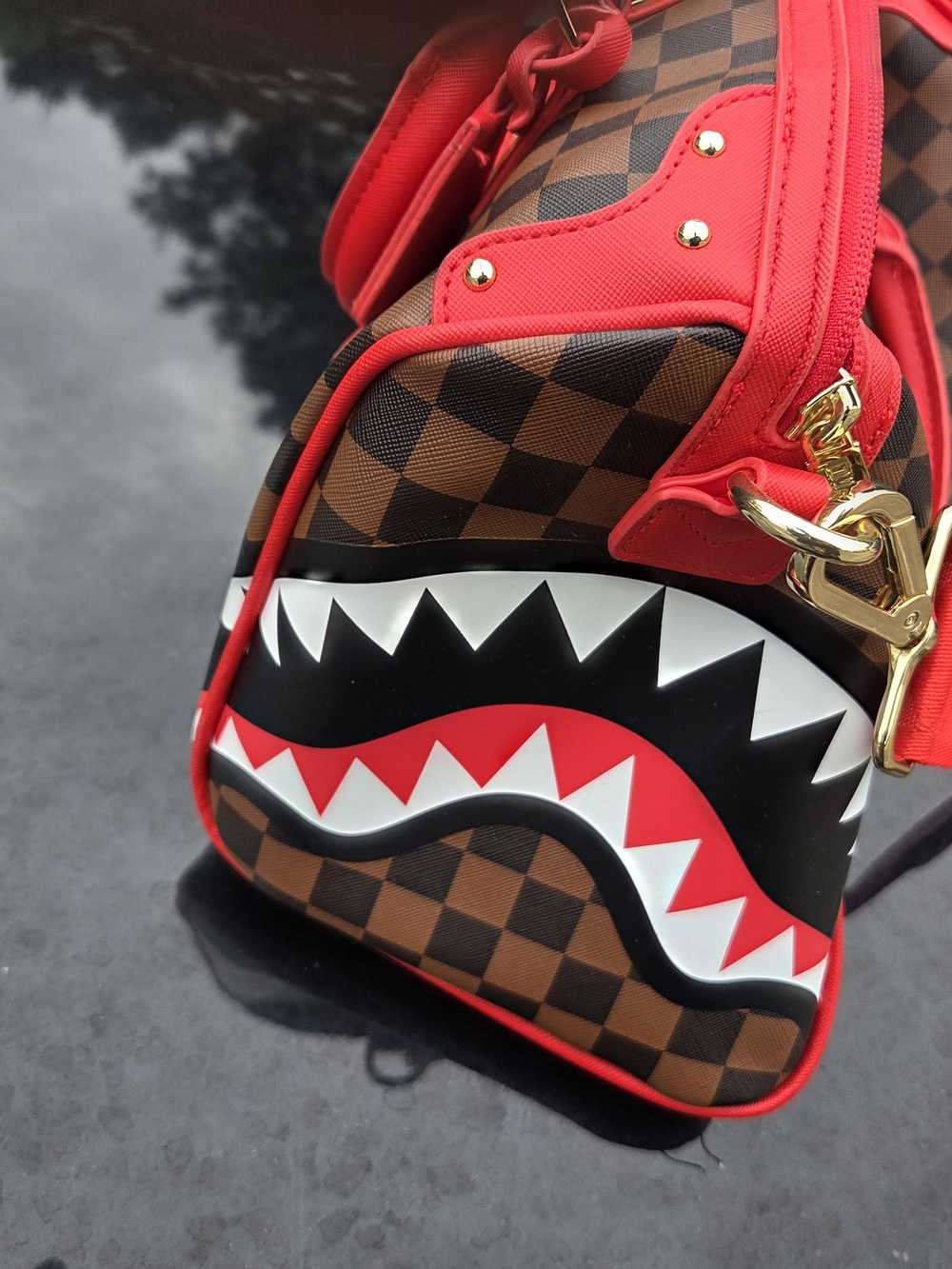 Red and Brown Checker Shark-Print Women’s Handbag MEDIUM